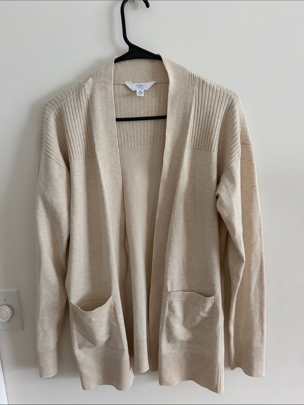 Time and Tru Beige Open-Front Ribbed Shoulder Cardigan